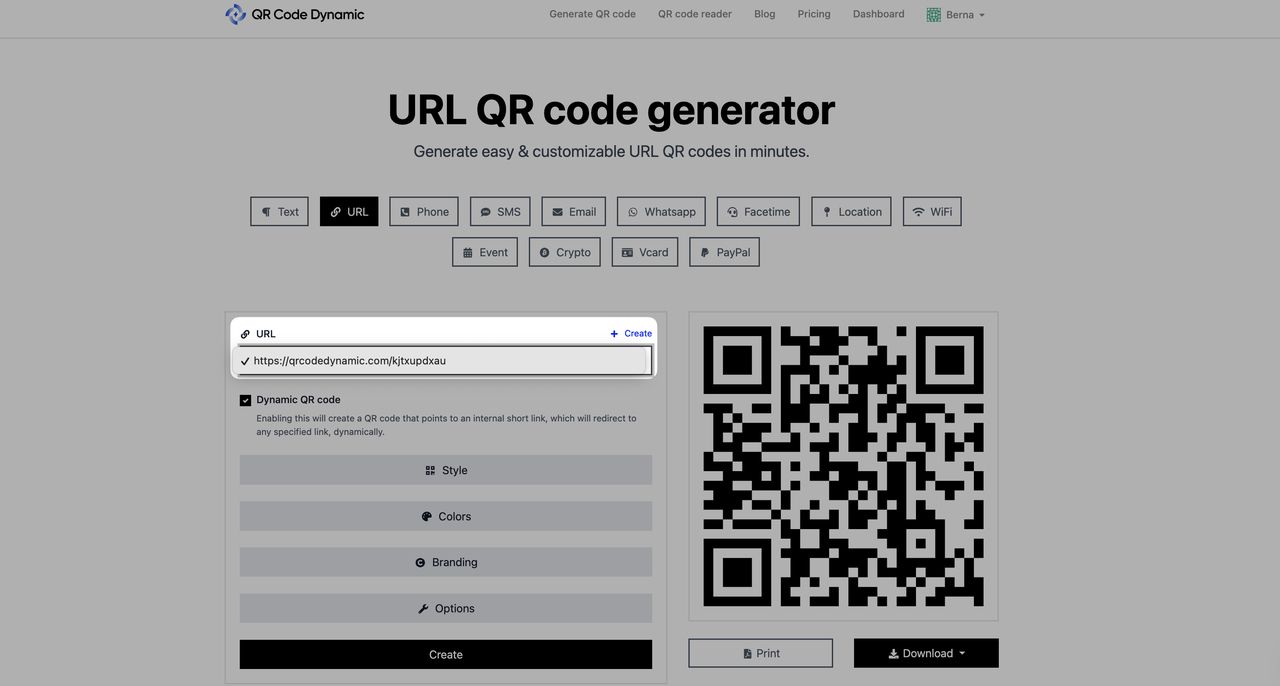 a screenshot of choosing dynamic link from the list on QRCodeDynamic