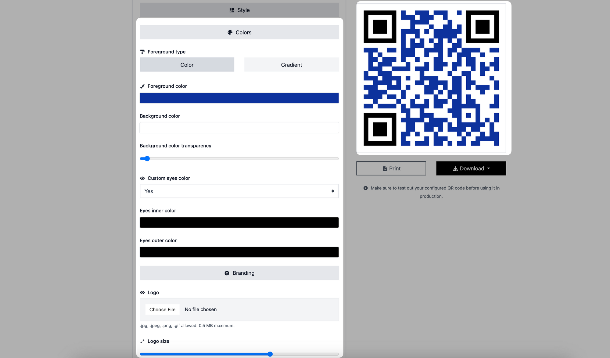 a screenshot of the colors and branding parts of a QR code on QRCodeDynamic