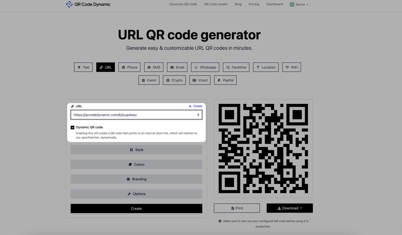 a screenshot of enabling dynamic QR code on QRCodeDynamic