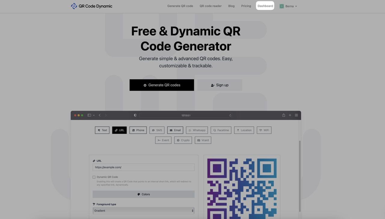 a screenshot of going to the dashboard part on QRCodeDynamic