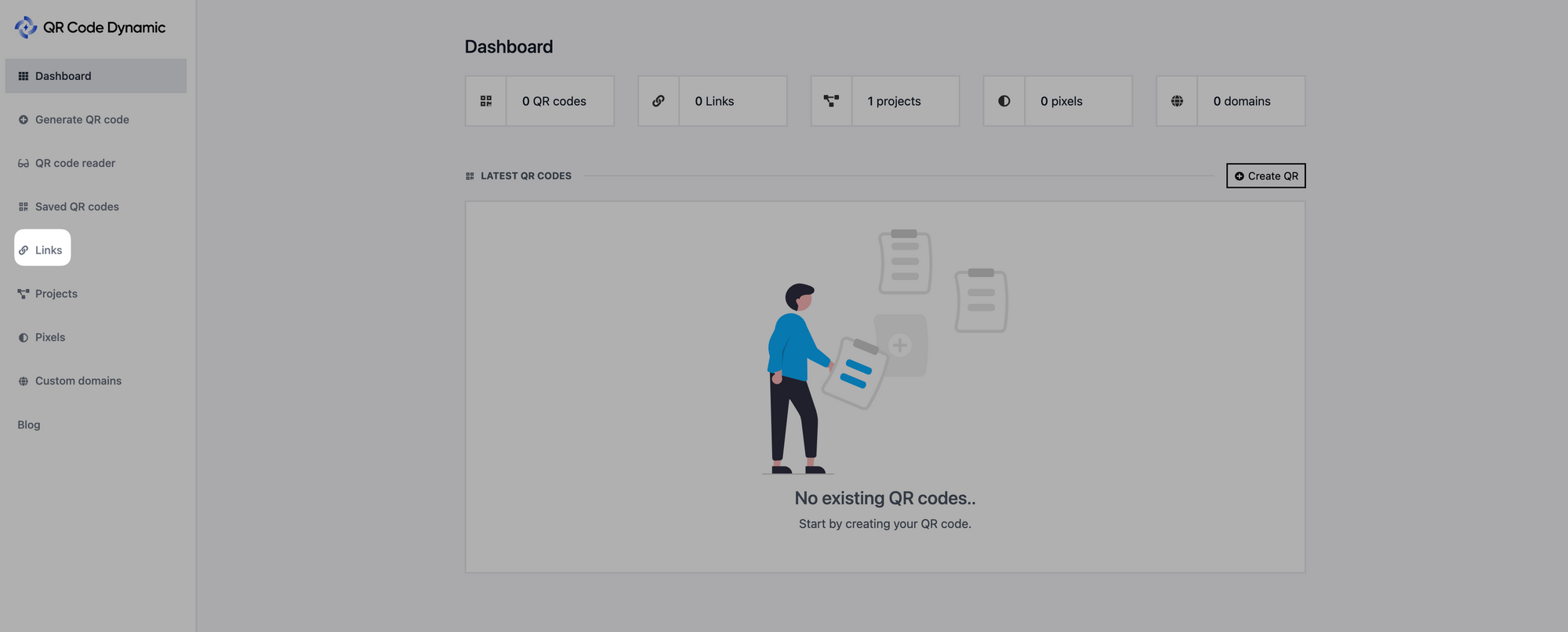 a screenshot of links part on the dashboard of QRCodeDynamic