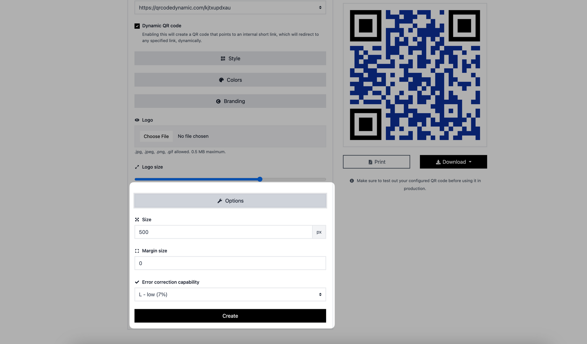 a screenshot of options part of a QR code on QRCodeDynamic