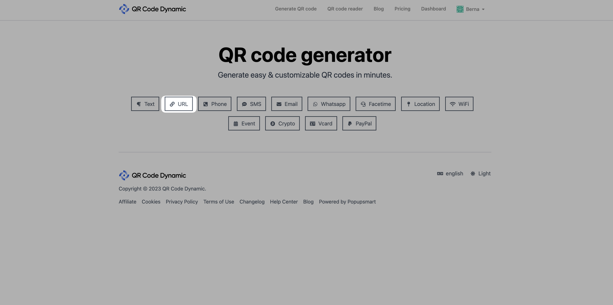 a screenshot of selecting URL from the QR code types list of QRCodeDynamic
