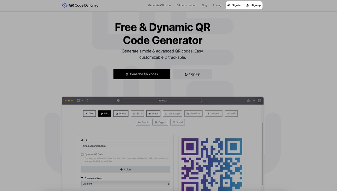 a screenshot of sign up and sign in parts on QRCodeDynamic