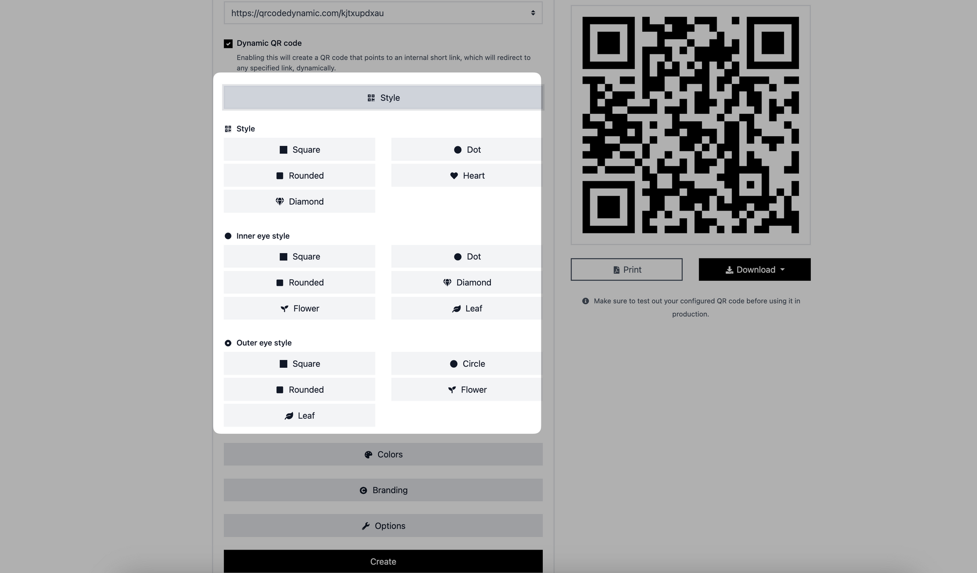 a screenshot of the style section of a QR code on QRCodeDynamic