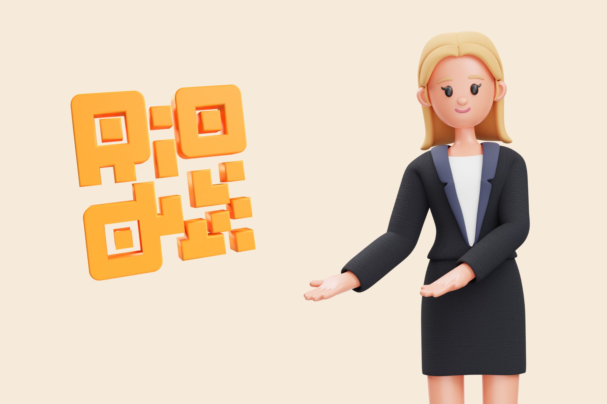 an illustration of a woman wearing jacket and a skirt next to an orange QR code
