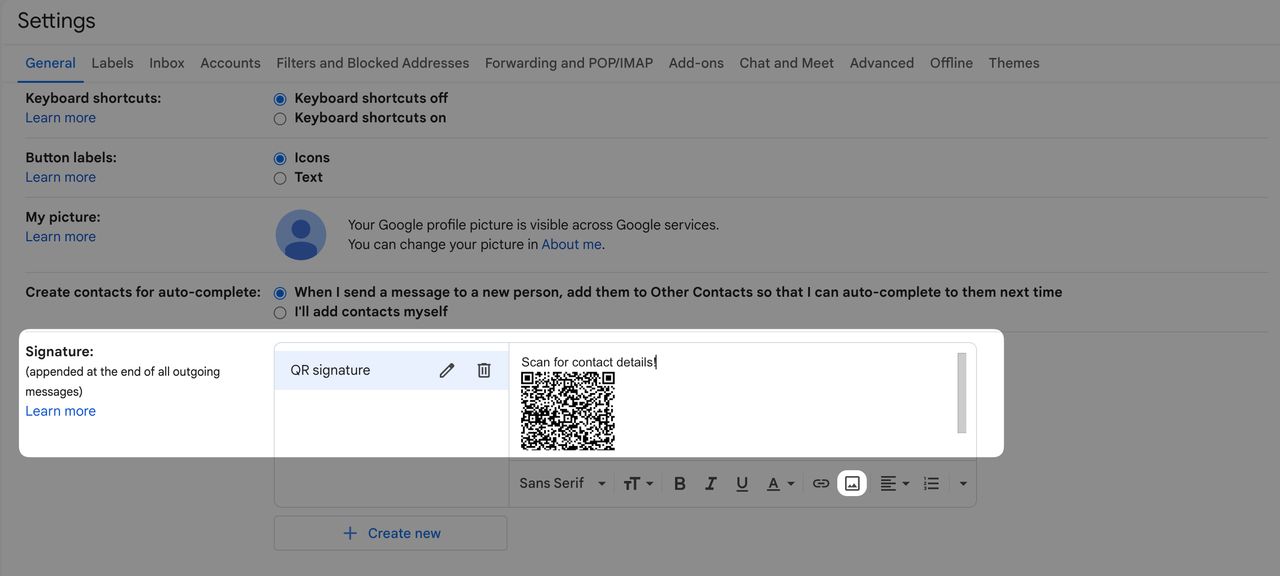 creating a signature with a QR code on Gmail