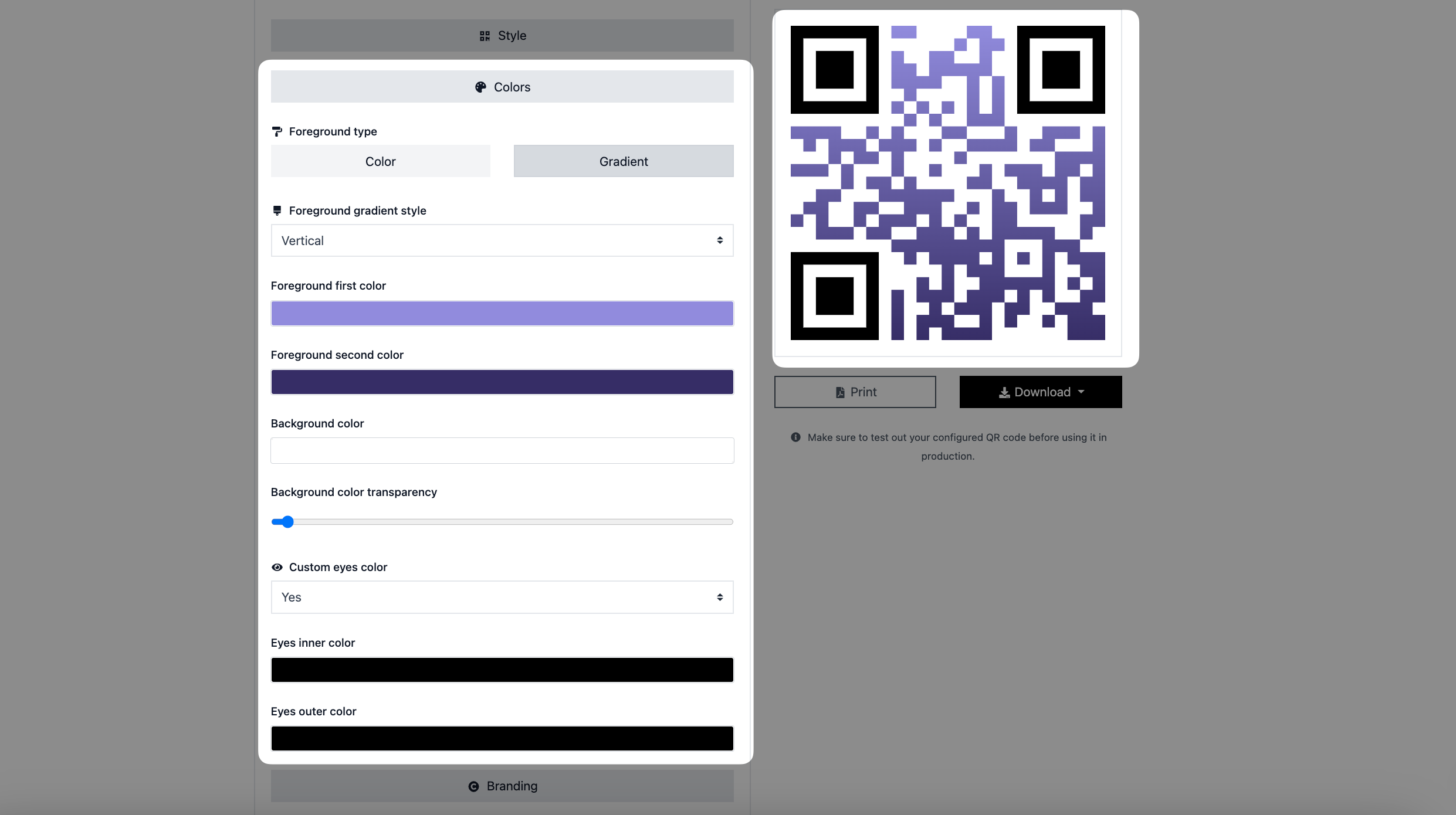 a screenshot of customizing colors of a QR code on QRCodeDynamic