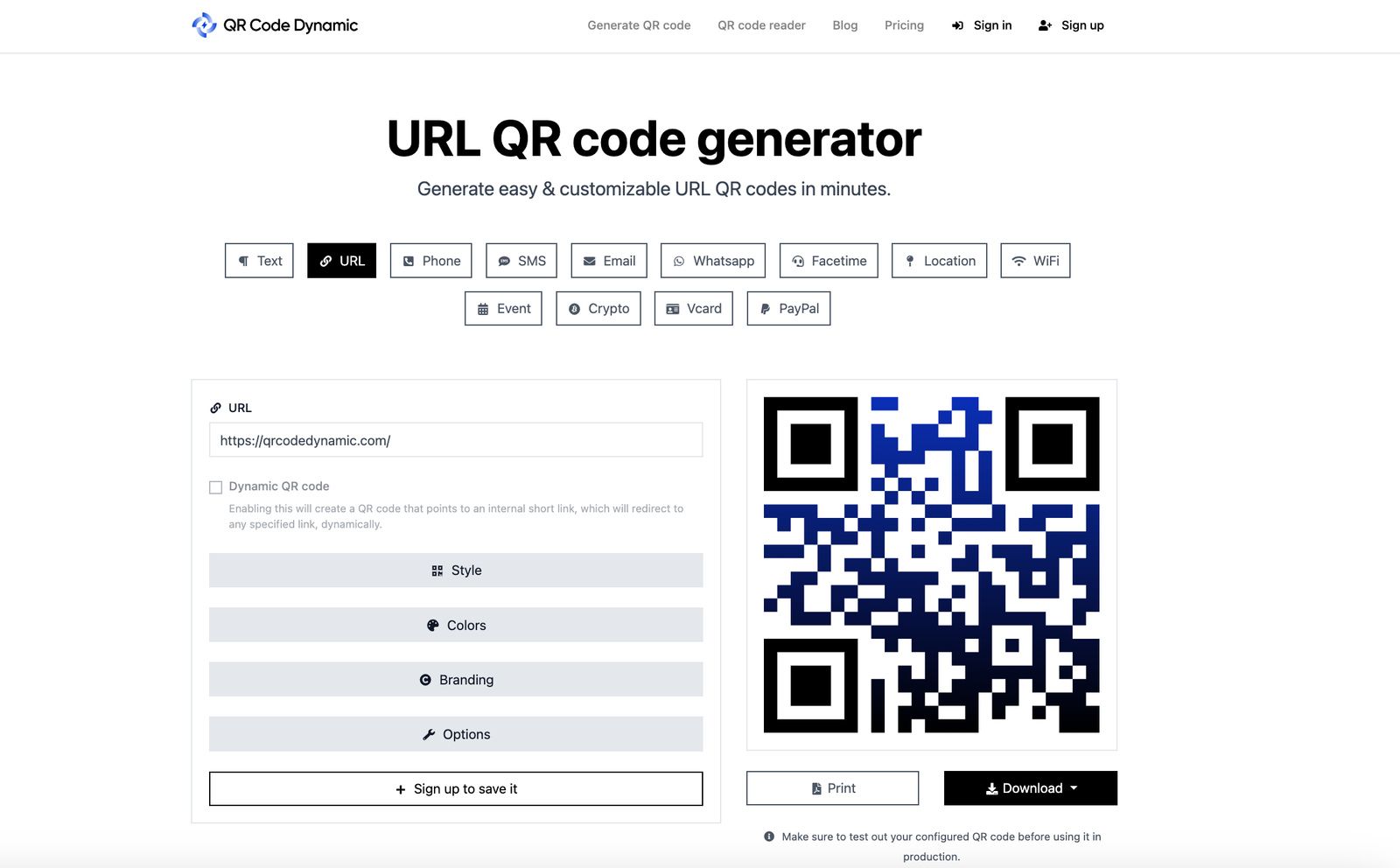 a screenshot of creating a URL QR code with QRCodeDynamic