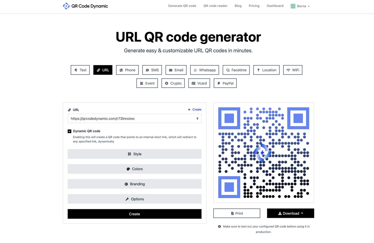 a screenshot of creating a URL QR code with QRCodeDynamic