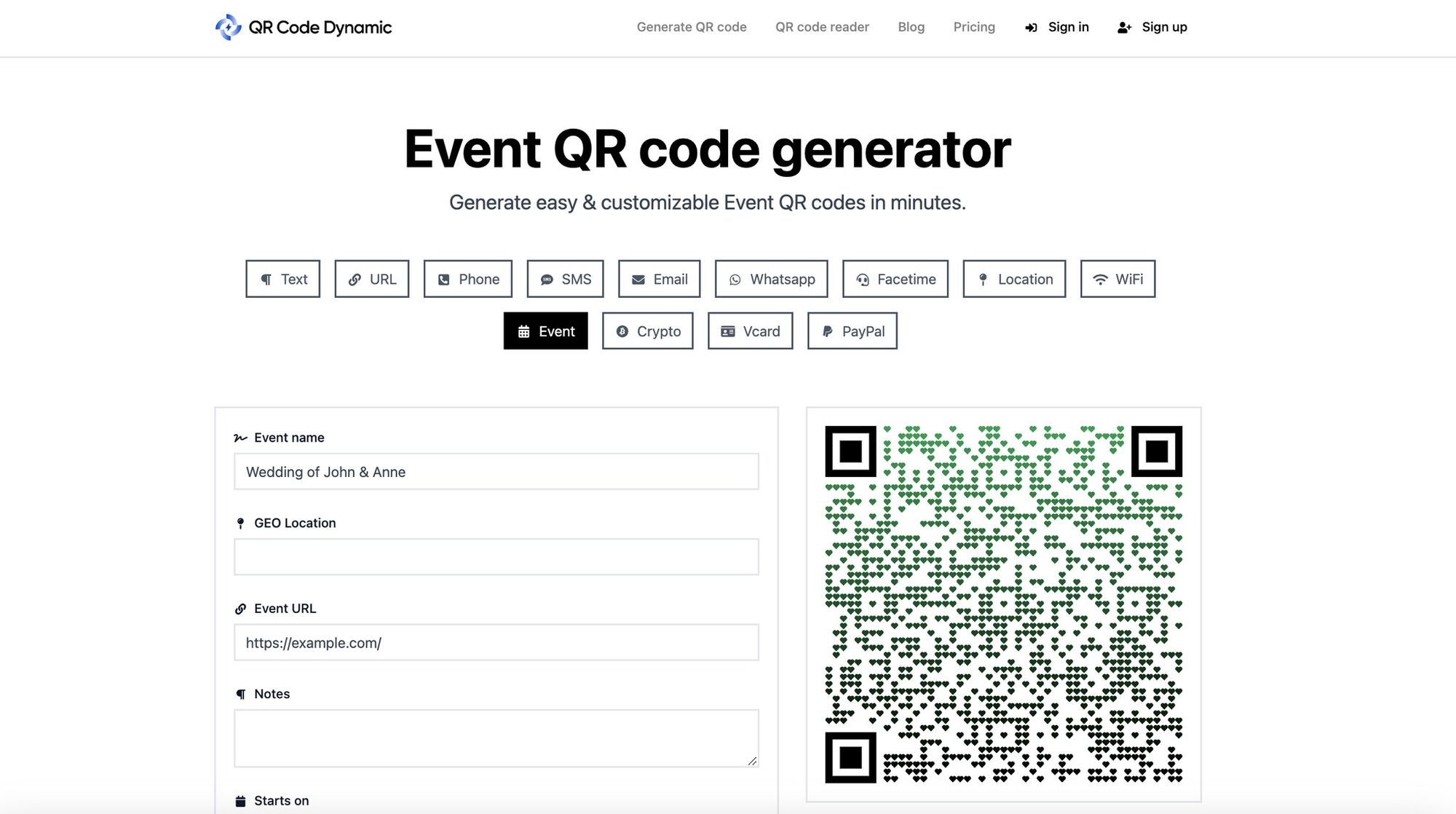 a screenshot of creating an event QR code with QRCodeDynamic
