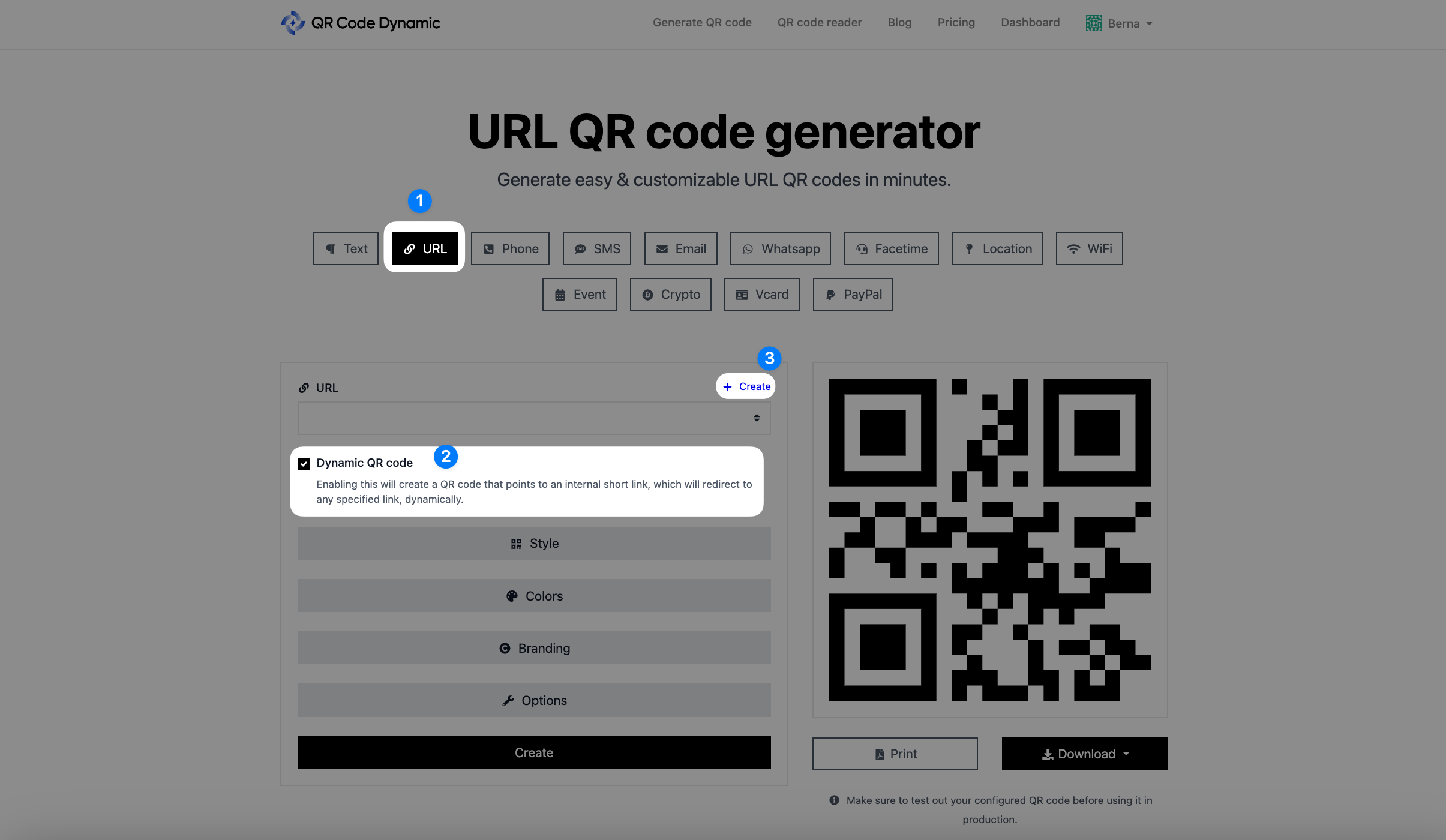 creating URL QR code and making it dynamic on QRCodeDynamic