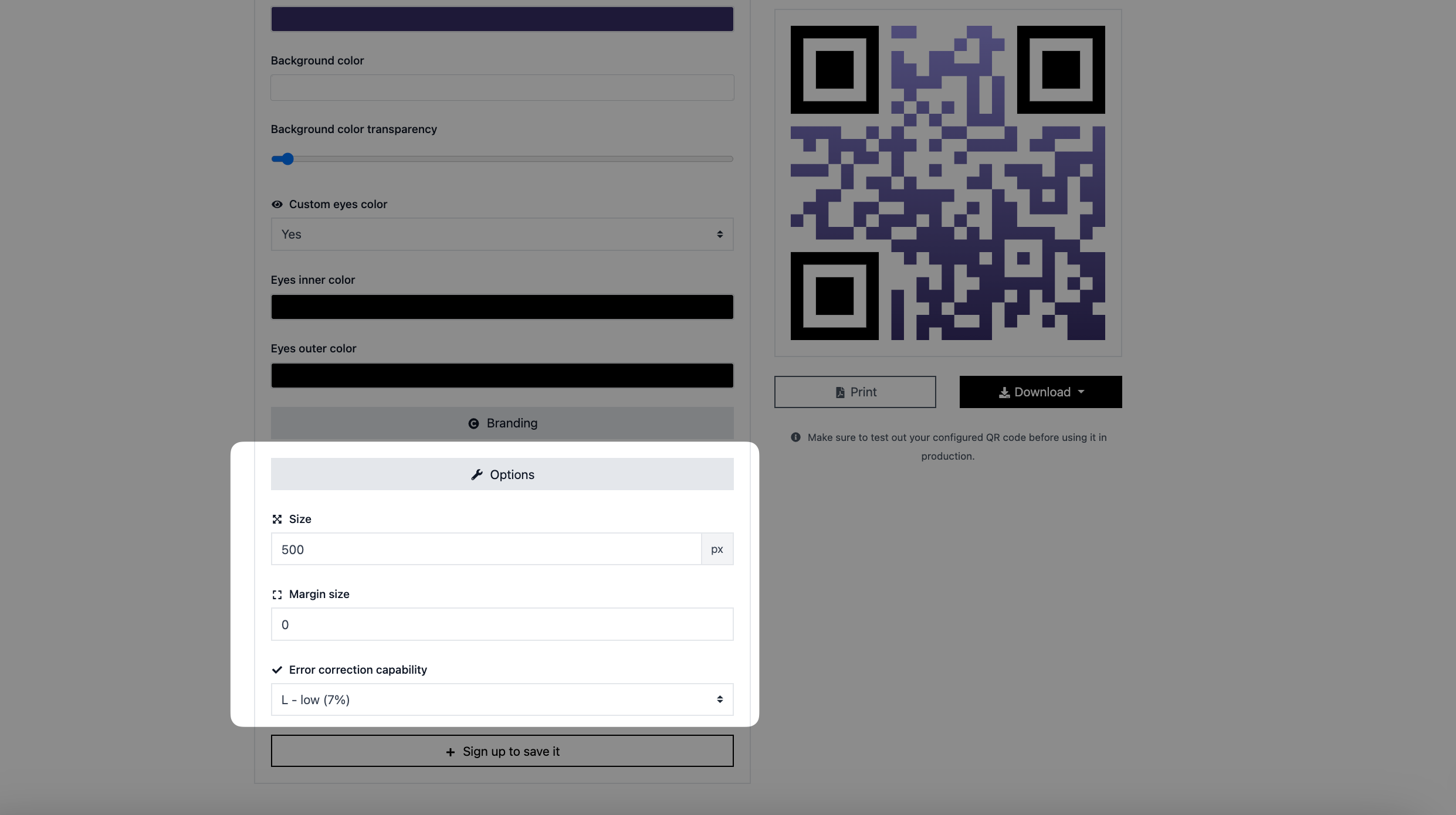 a screenshot of customizing size of a QR code on QRCodeDynamic