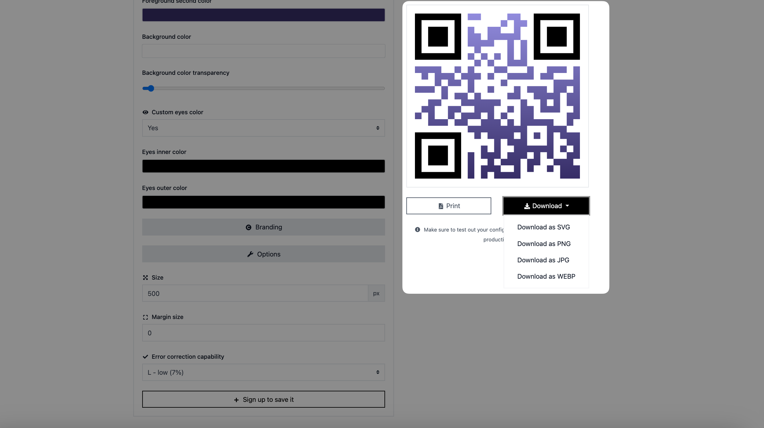 a screenshot of downloading a QR code on QRCodeDynamic