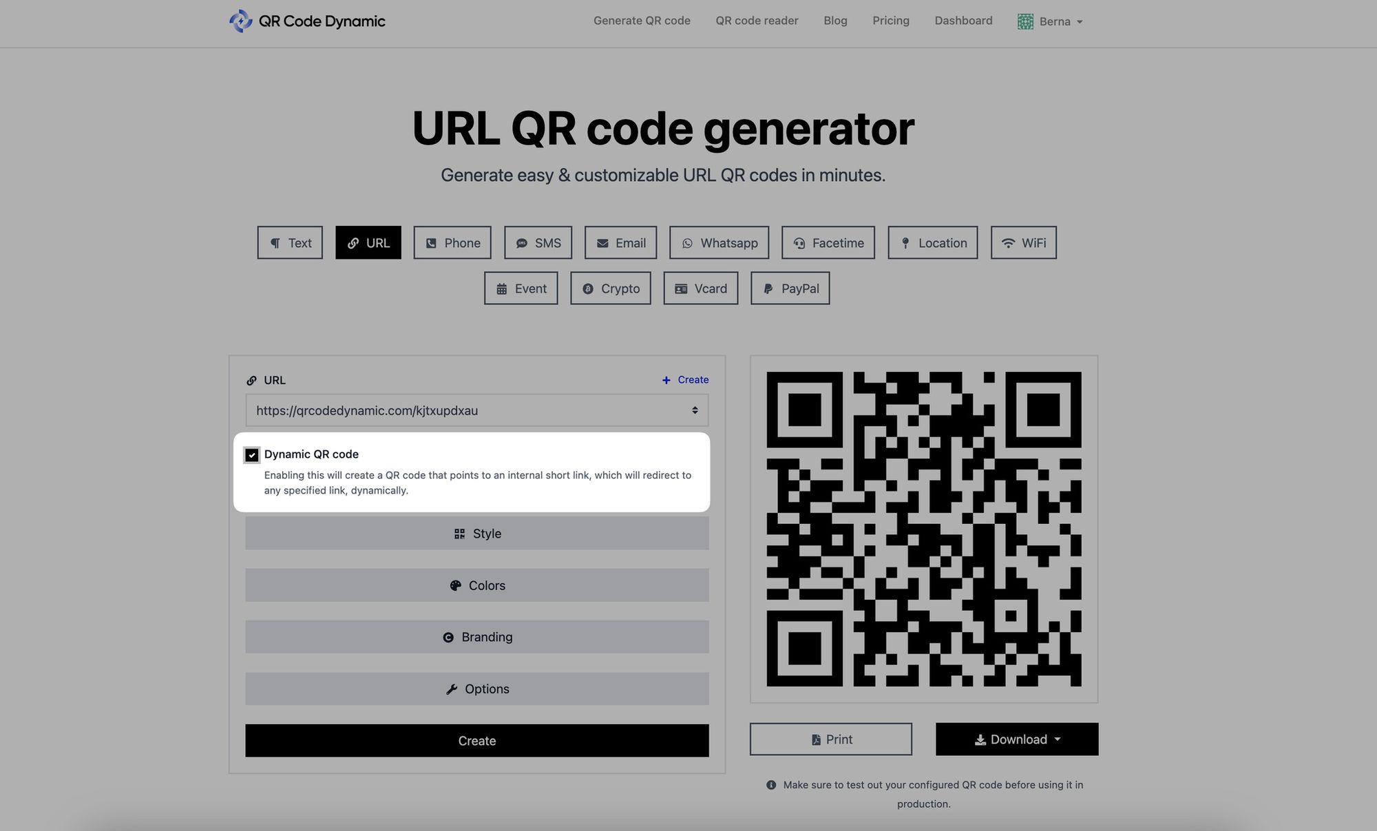 a screenshot of enabling dynamic QR code on QRCodeDynamic