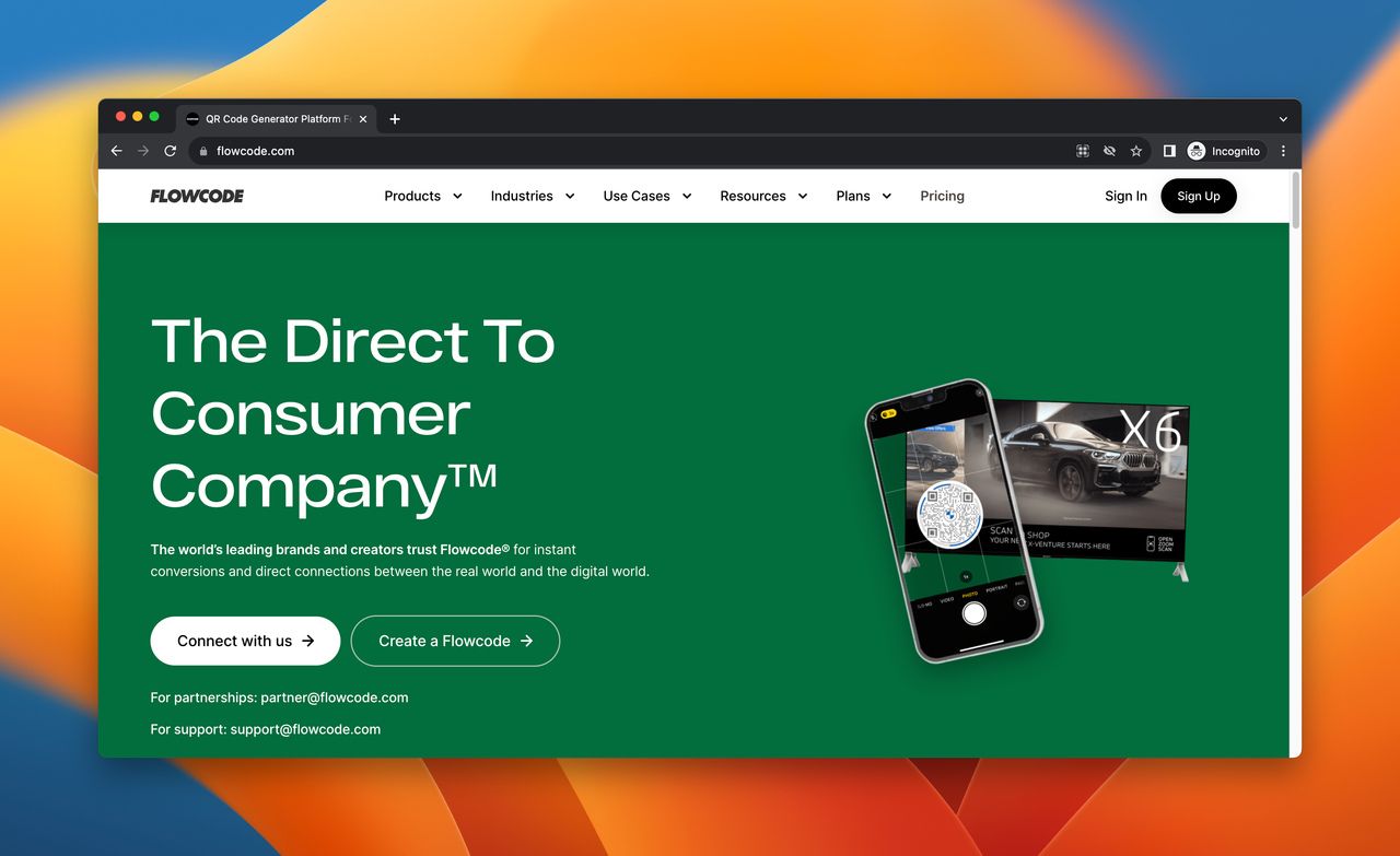 A screenshot of landing page of Flowcode, which is a QR Code Chimp alternative
