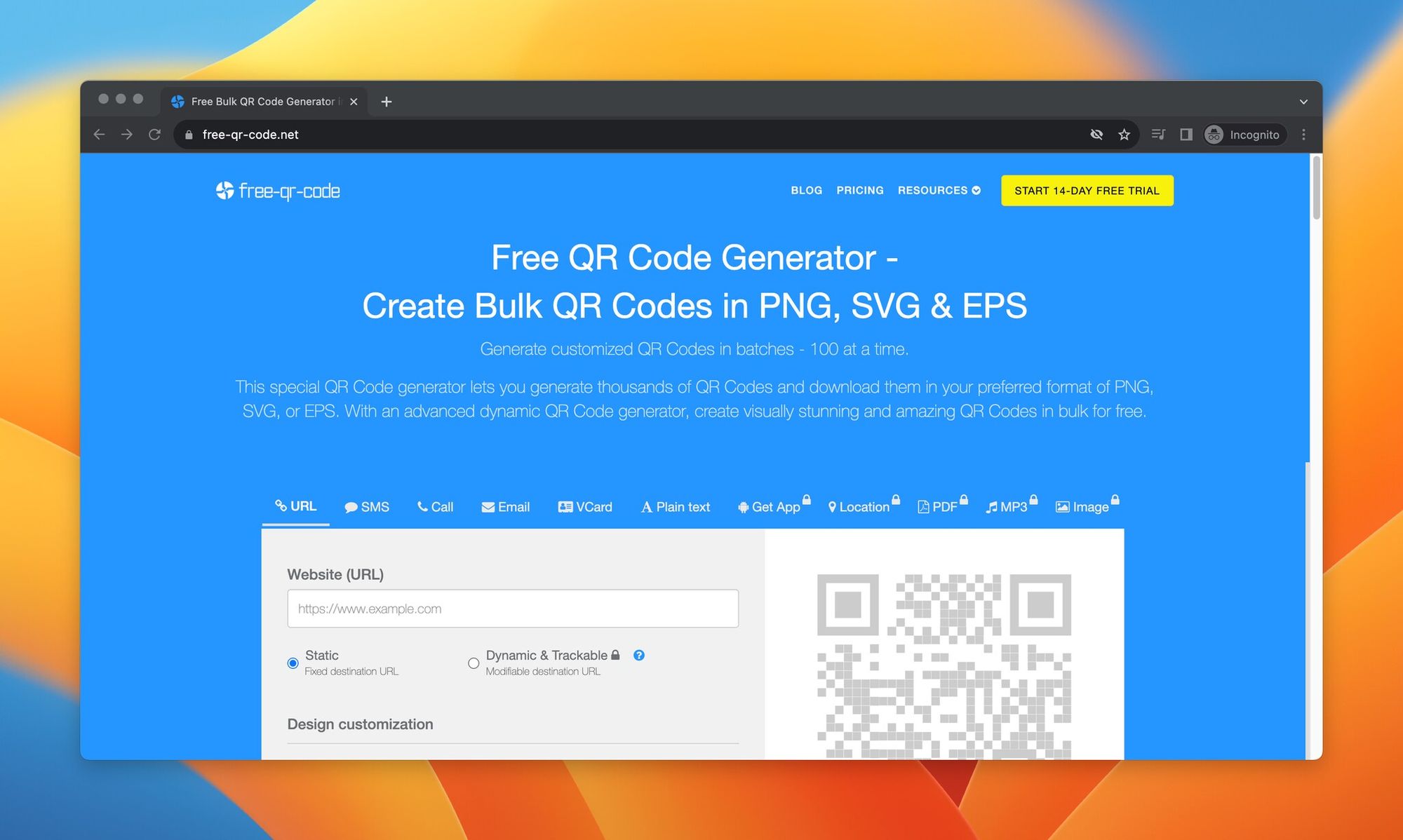 A screenshot of Free QR Code Generator, which is a QR.io alternative