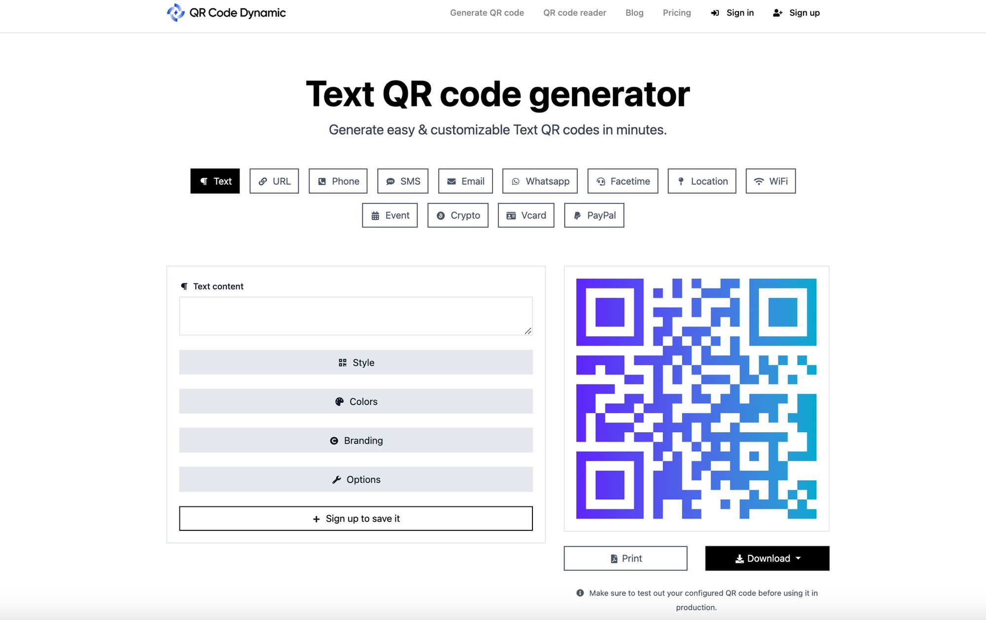 a screenshot of the landing page of generating a QR code with QRCodeDynamic