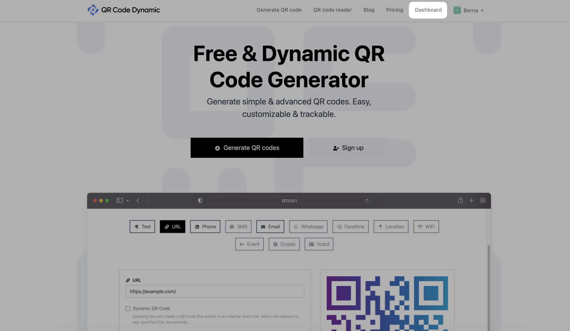 a screenshot of the part of going to the dashboard page on QRCodeDynamic