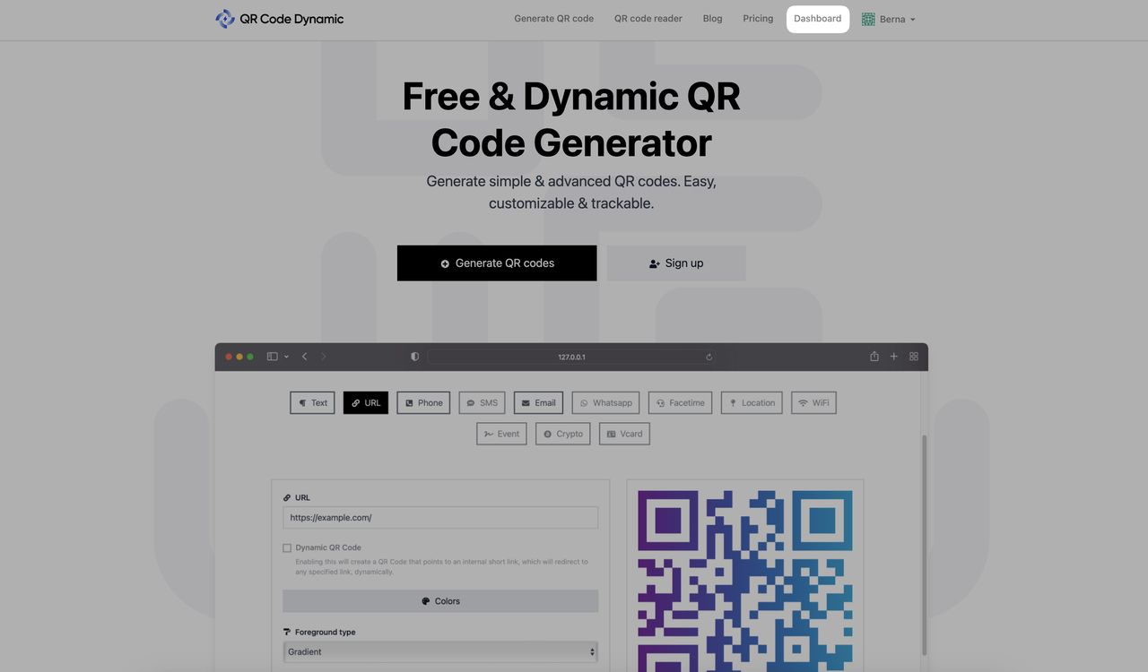 a screenshot of going to the dashboard from the homepage of QRCodeDynamic