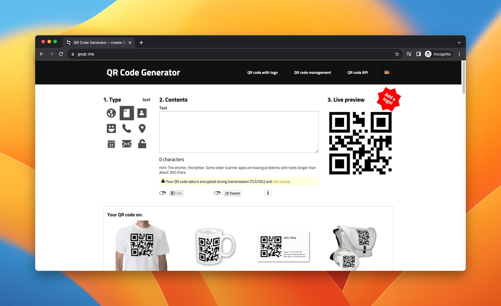 A screenshot of landing page of GoQR.me, which is a QR Code Chimp alternative