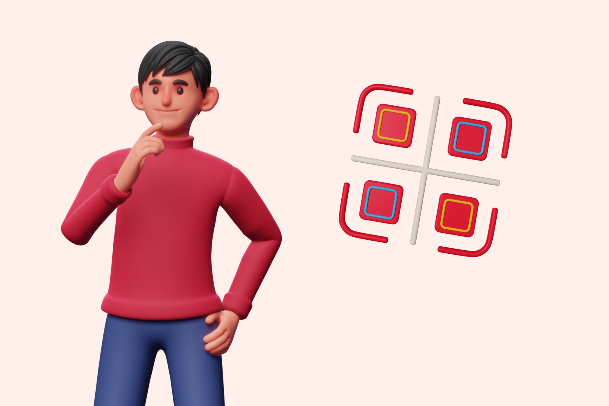 an illustration of a man wearing red sweater and QR code next to him