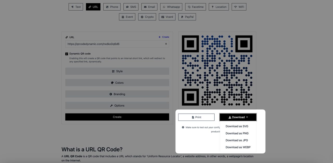 print and download options of a QR code on QRCodeDynamic