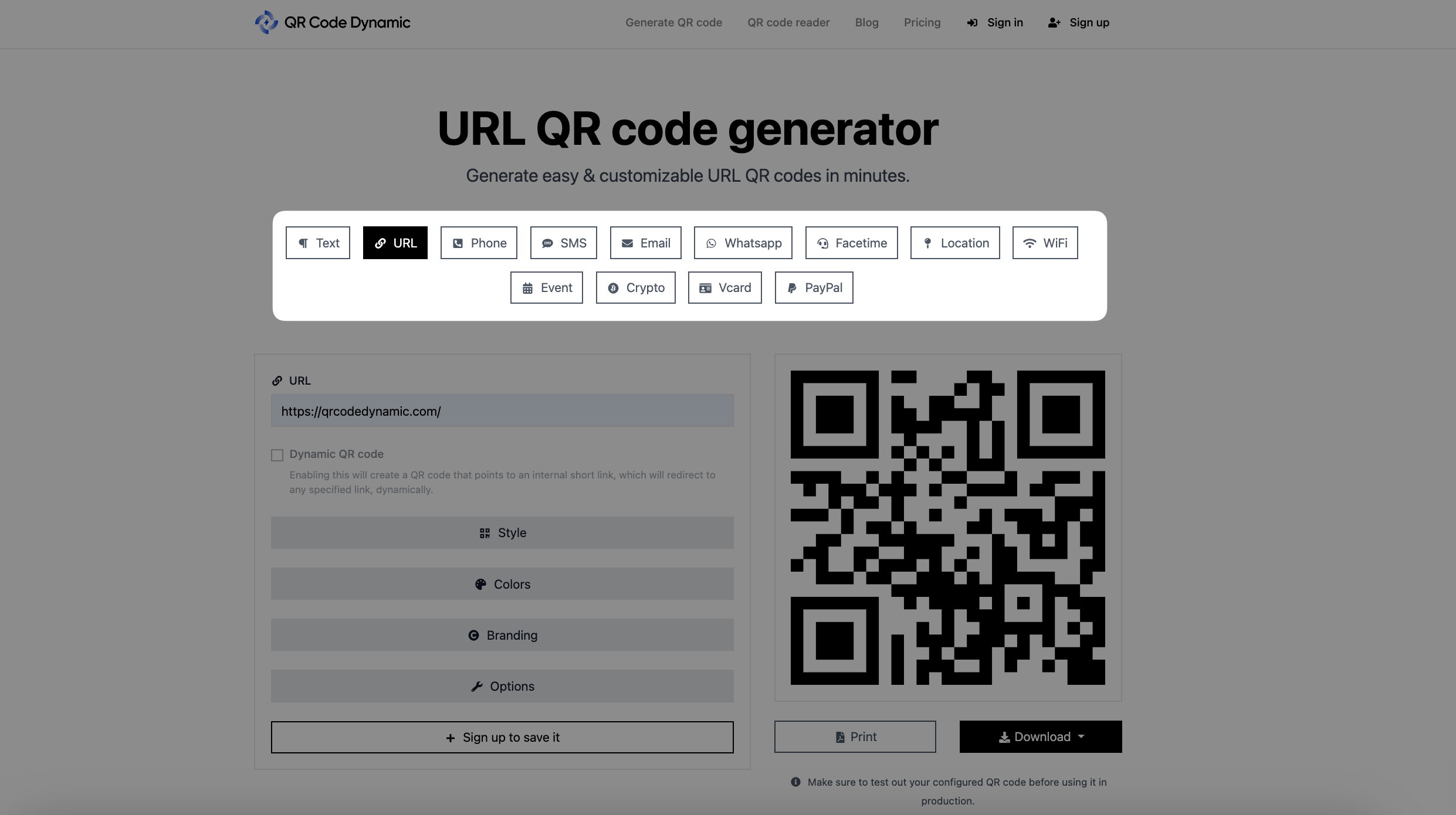 a screenshot of QR code types on QRCodeDynamic