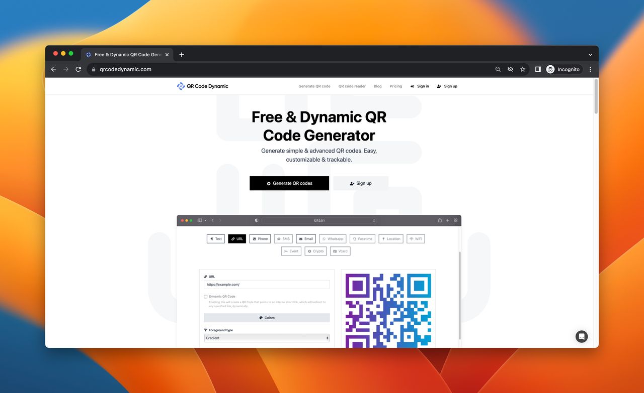 A screenshot of QRCodeDynamic, which is a Me QR Code Generator alternative