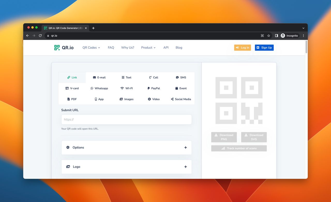 A screenshot of QR.io, which is a QR code generator tool