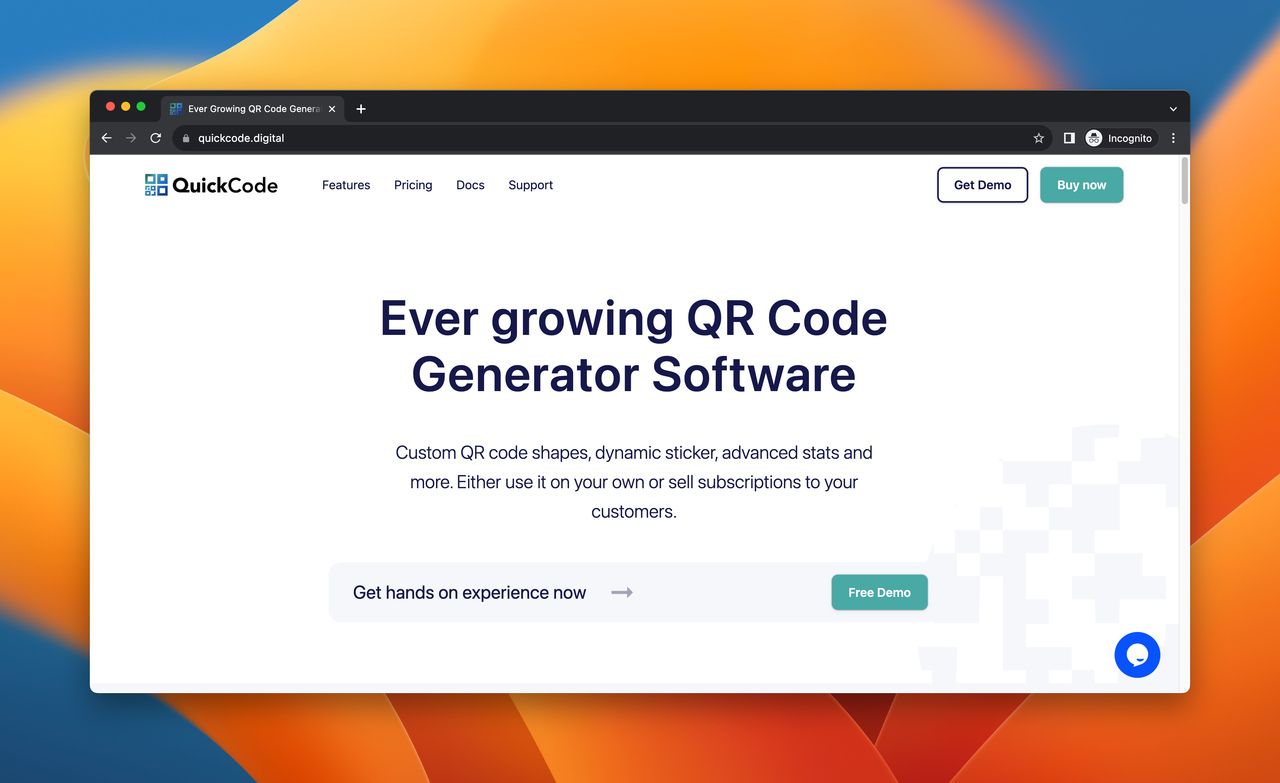 A screenshot of landing page of Quick Code, which is a QR Stuff alternative