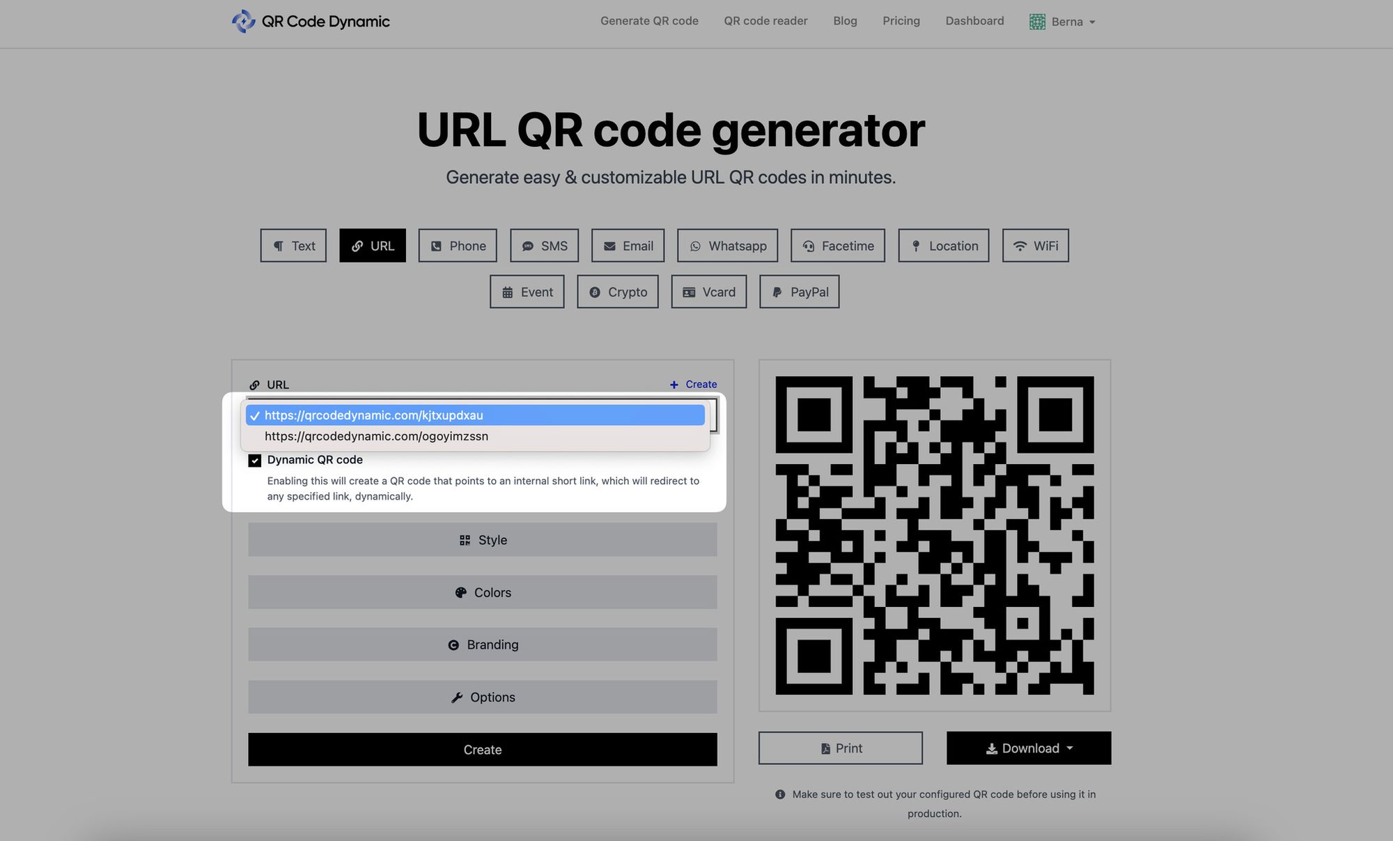 a screenshot of selecting a specific dynamic link from the list on QRCodeDynamic