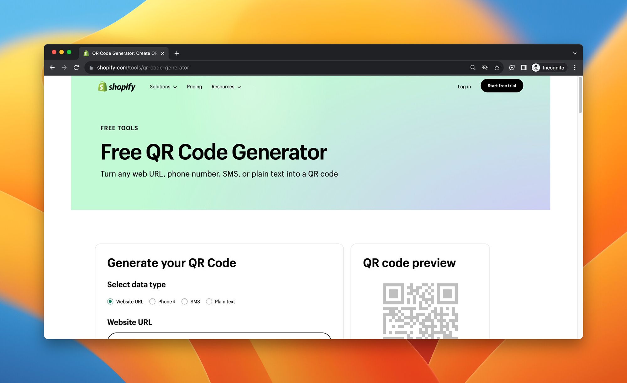 A screenshot of Shopify's Free QR Code Generator, which is a Me QR Code Generator alternative