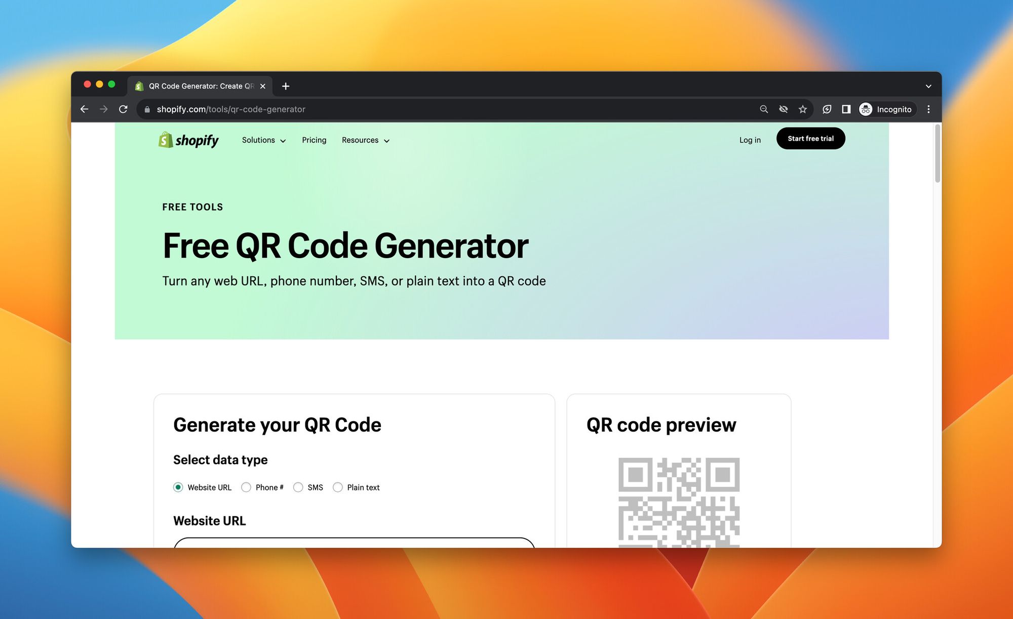 A screenshot of landing page of Shopify QR Code Generator, which is a QR Stuff alternative