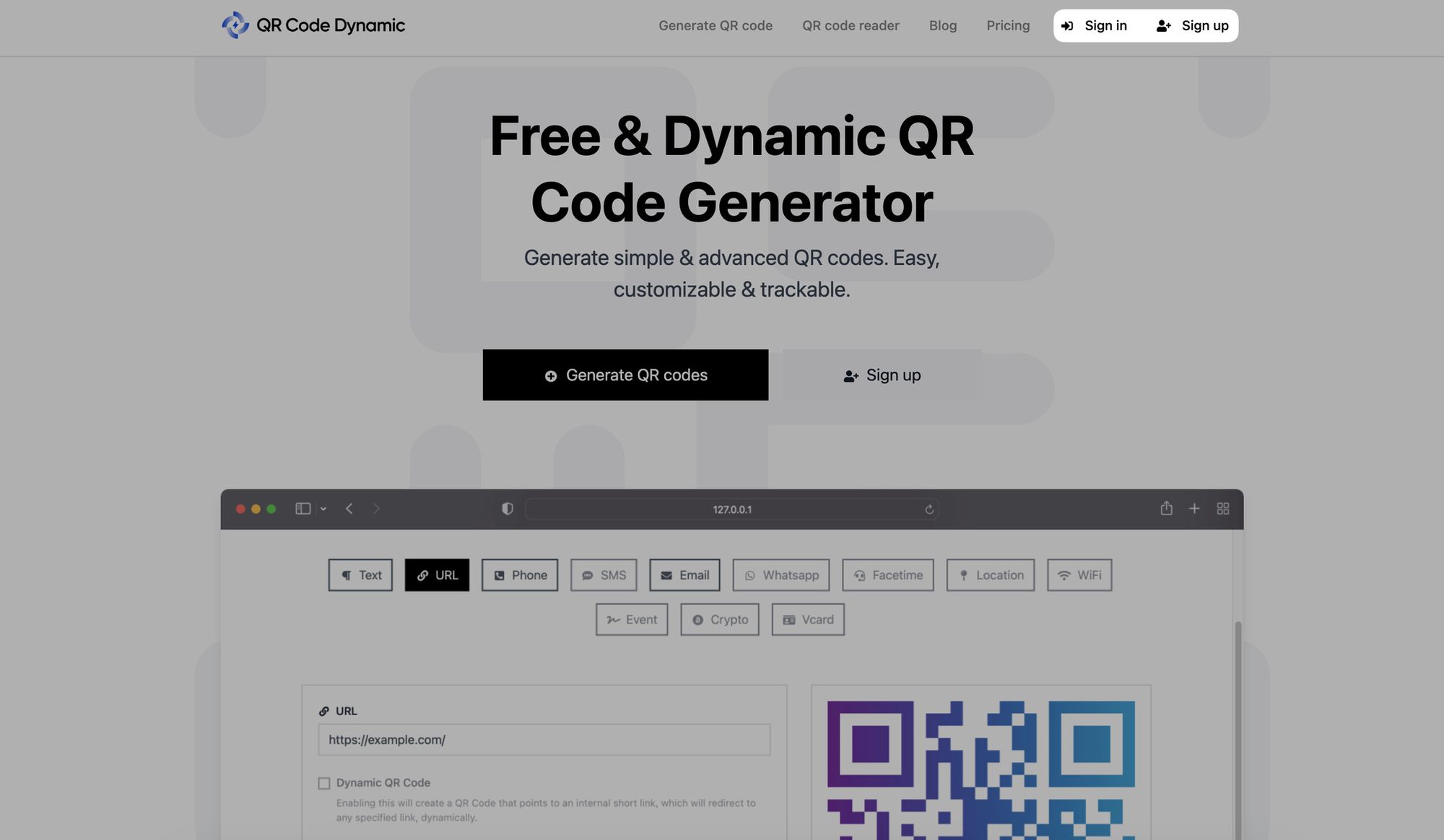 a screenshot of sign up and sign in buttons on QRCodeDynamic