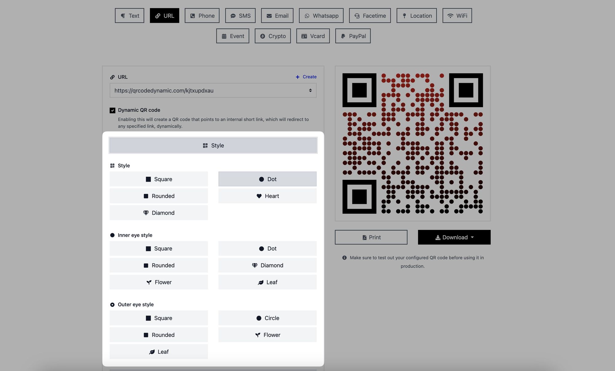 a screenshot of style section of a QR code on QRCodeDynamic