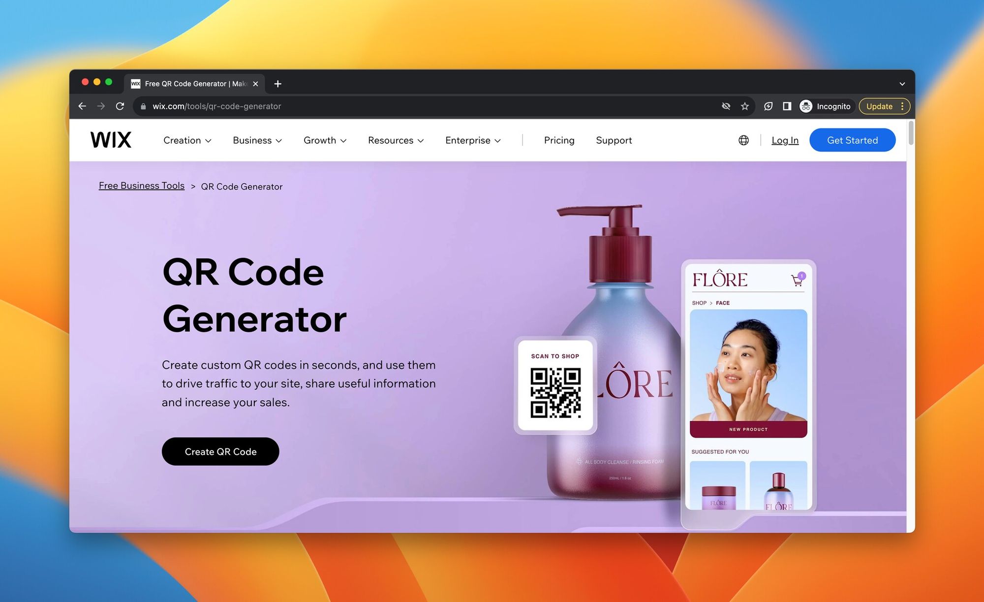 A screenshot of landing page of Wix QR Code Generator, which is a QR Stuff alternative