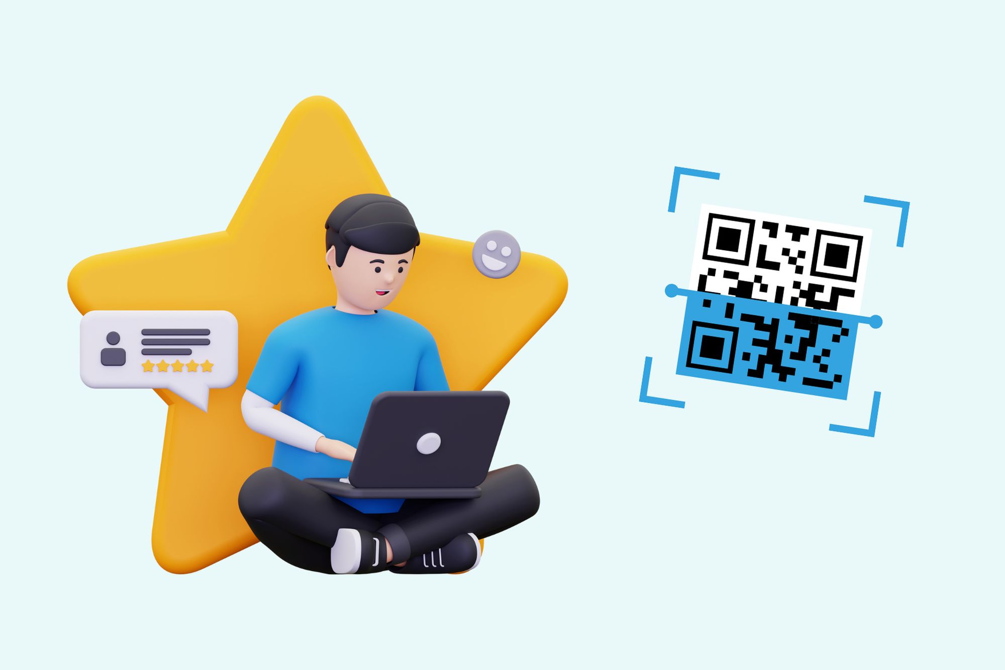 an illustration of a man writing a review and a QR code next to him