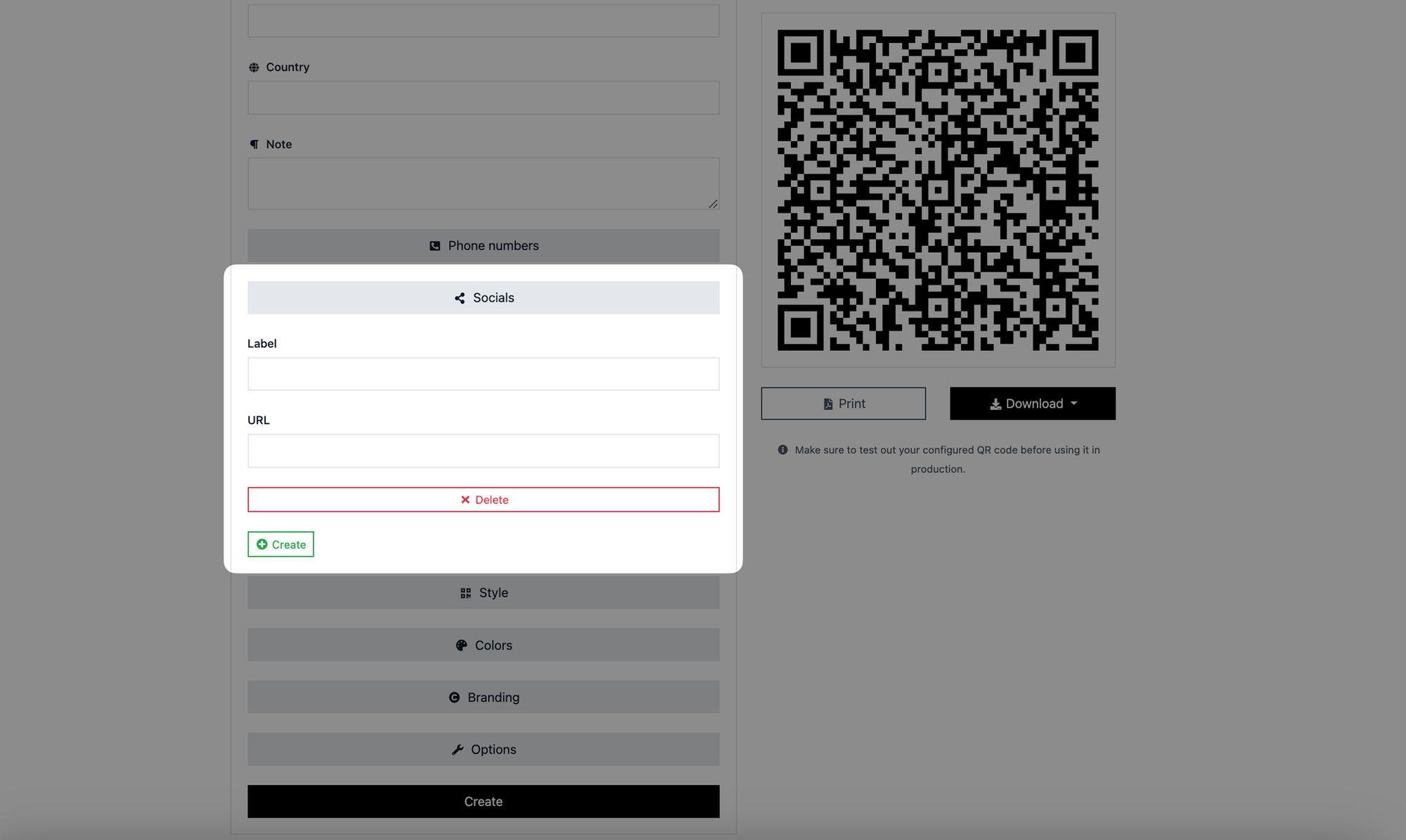 a screenshot of adding social profiles to Vcard QR code on QRCodeDynamic