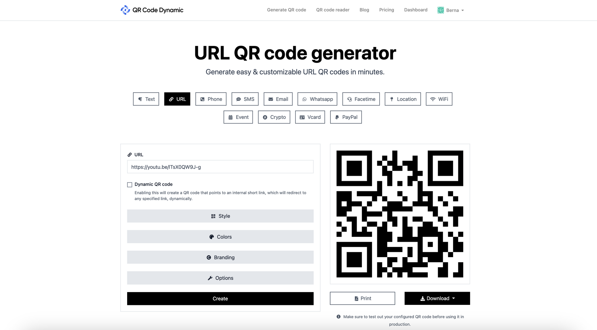 a screenshot of adding YouTube link to URL QR code generator of QRCodeDynamic