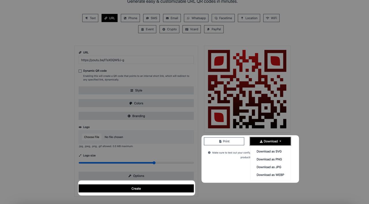 a screenshot of creating and downloading a URL QR code on QRCodeDynamic