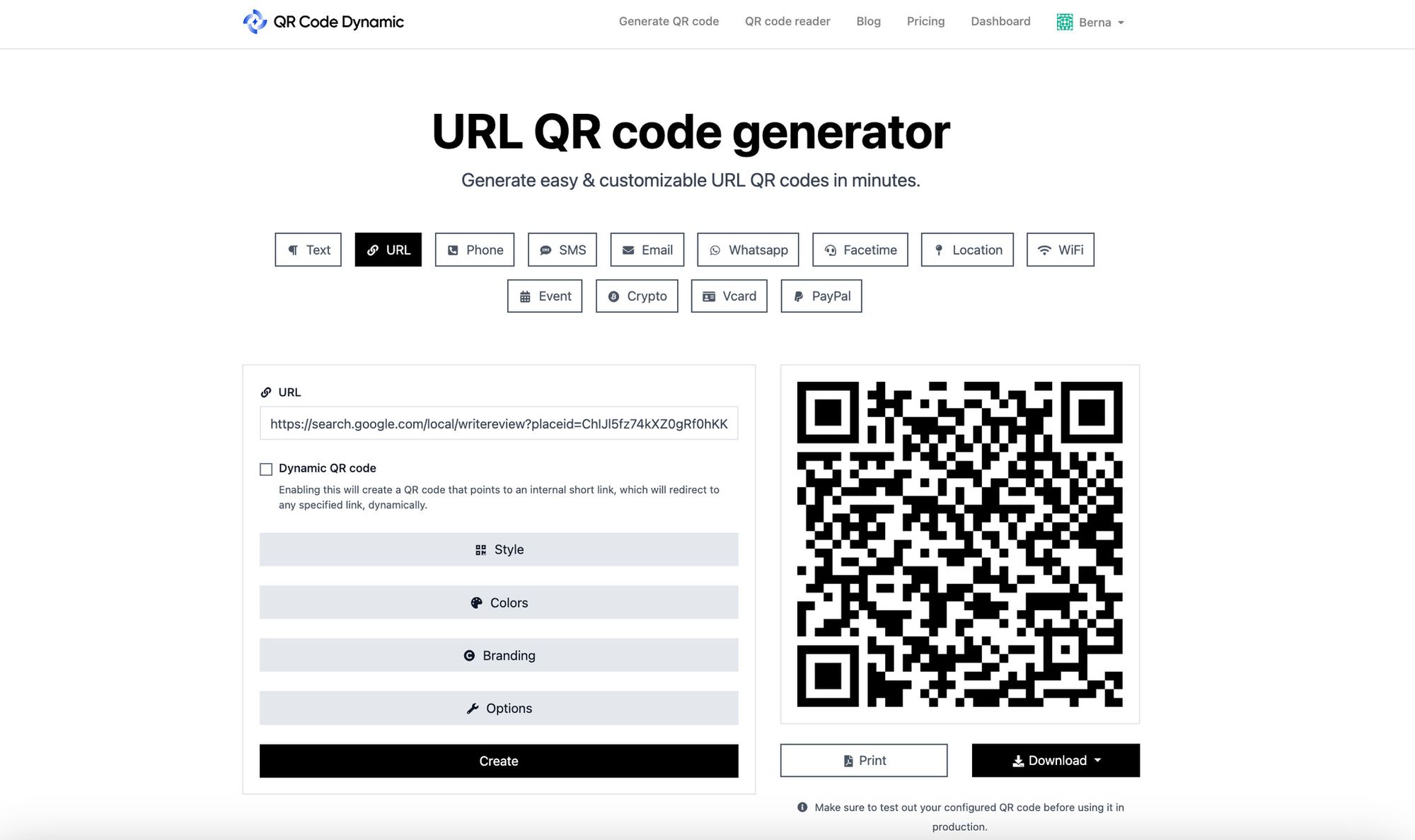 a screenshot of creating URL QR code for Google Reviews on QRCodeDynamic