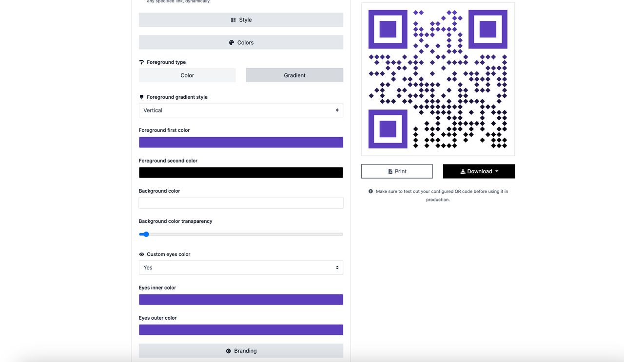 a screenshot displaying customizing URL QR code on QRCodeDynamic