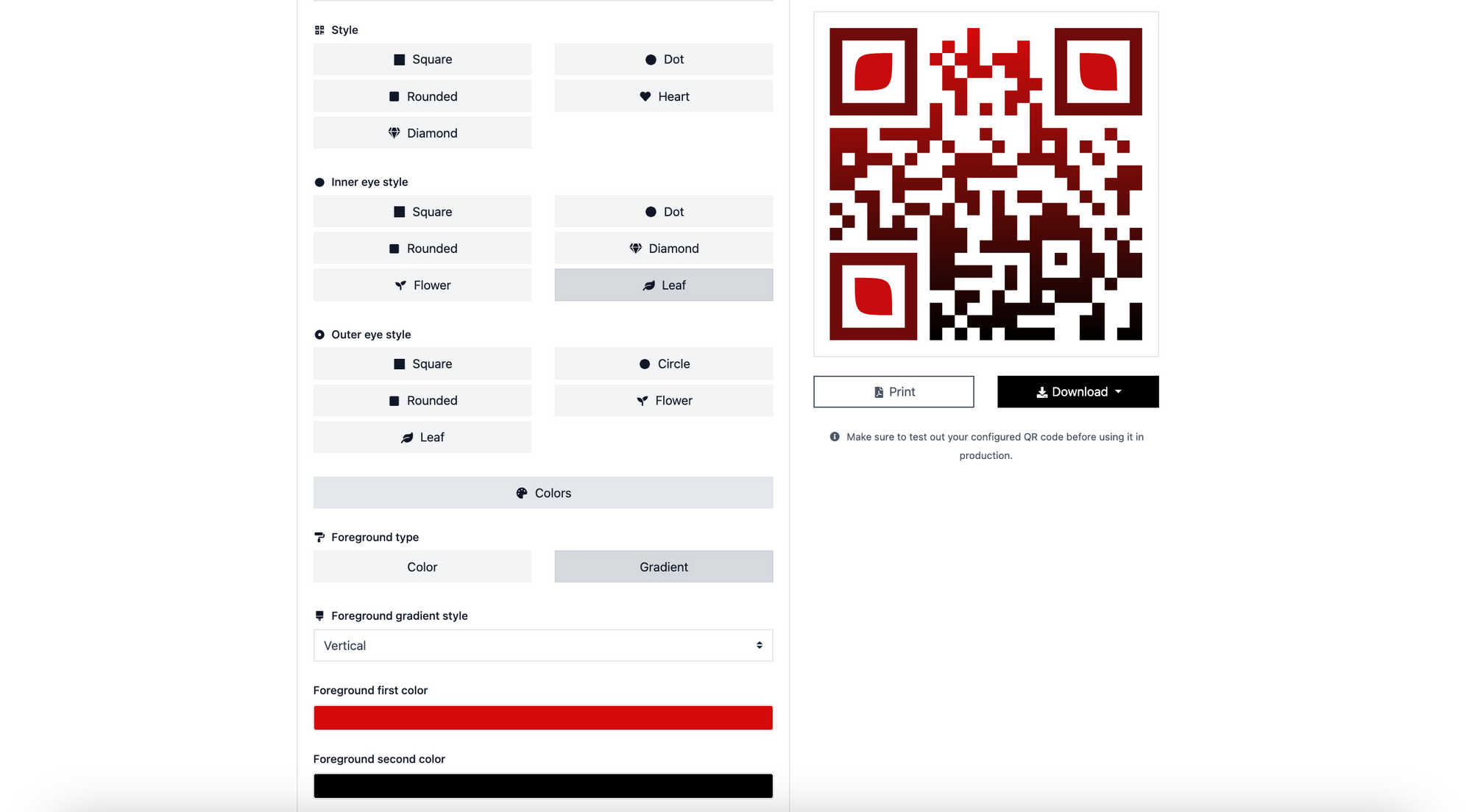 a screenshot of customizing a URL QR code on QRCodeDynamic