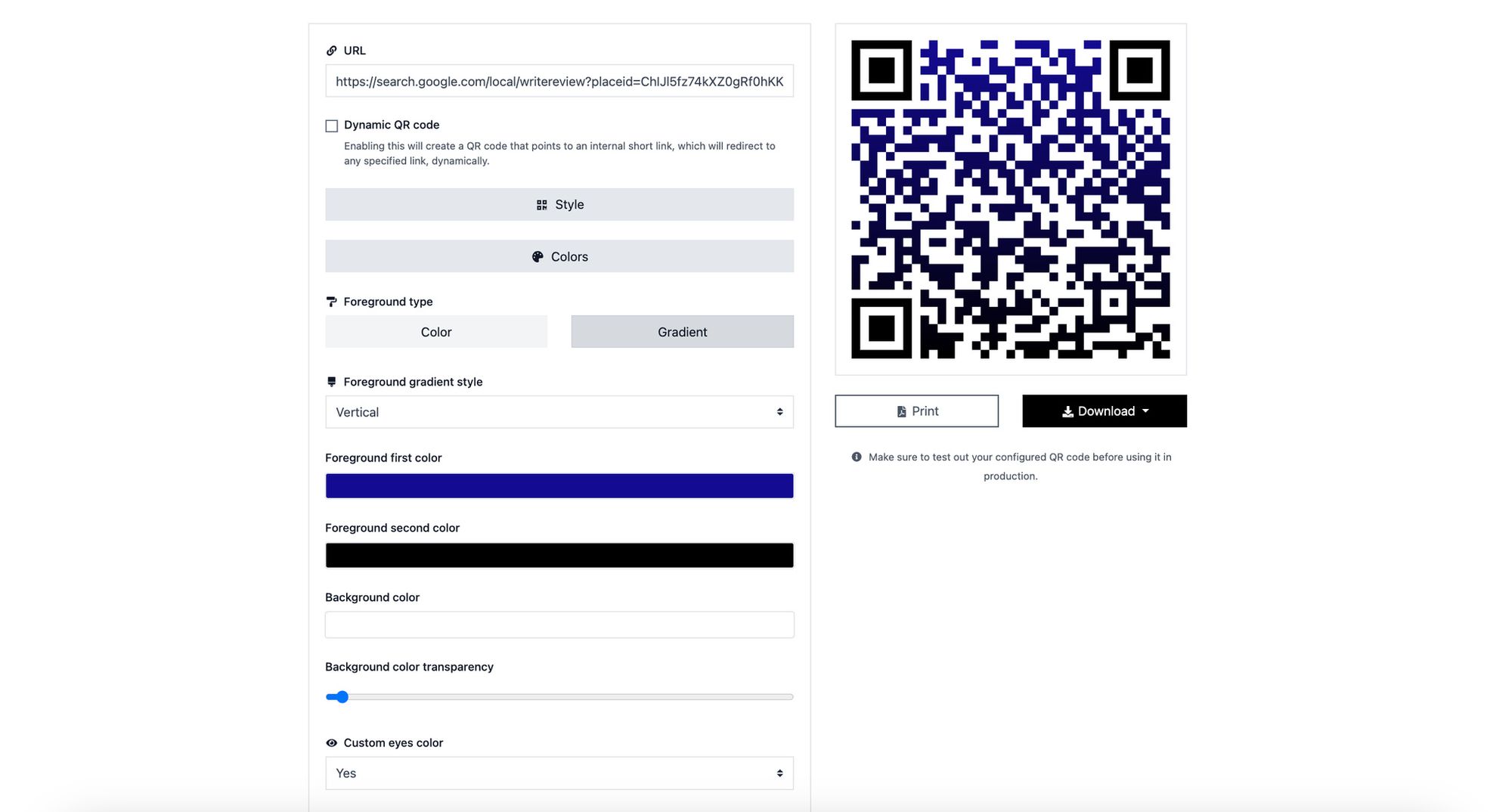 a screenshot of customizing Google reviews QR code on QRCodeDynamic