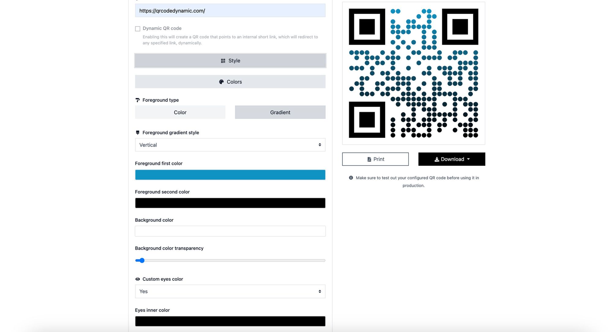 a screenshot of customizing URL QR code on QRCodeDynamic