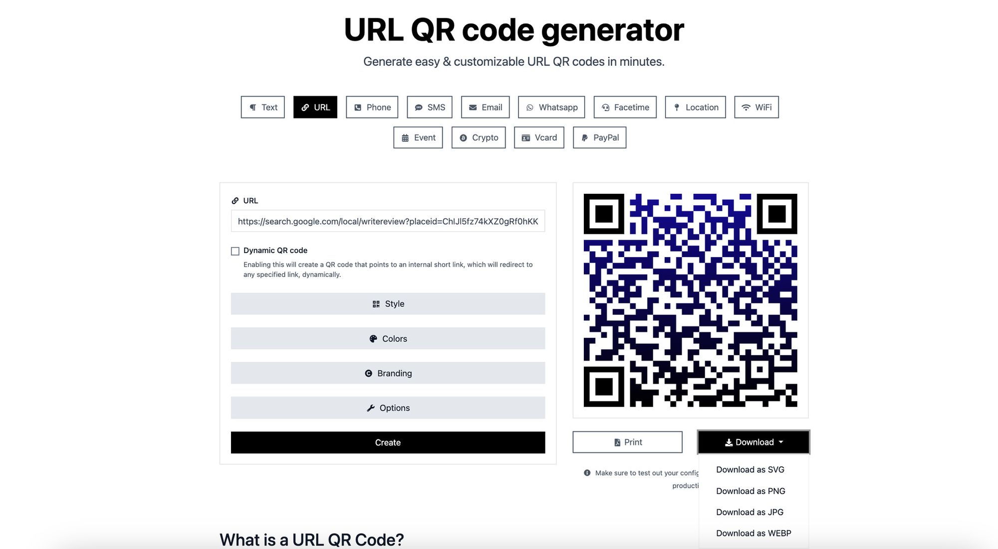a screenshot of downloading Google review QR code on QRCodeDynamic