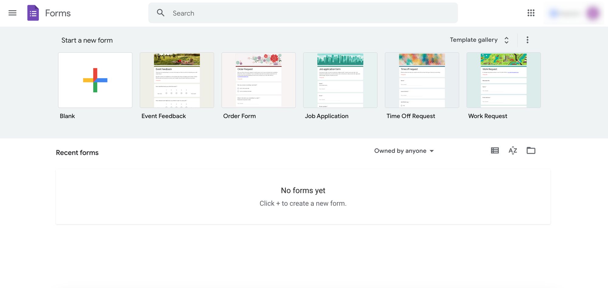 a screenshot of Google Forms' landing page