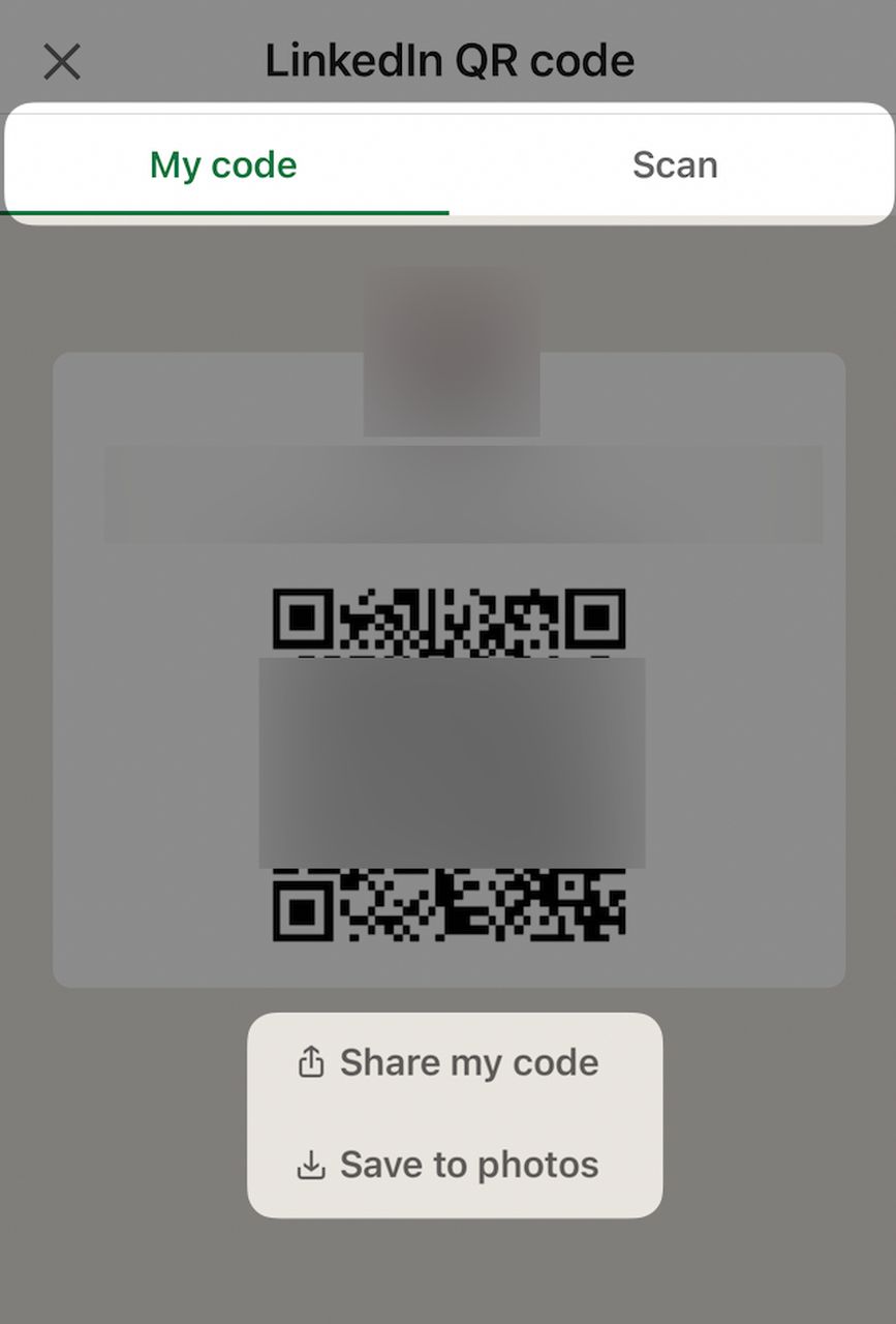 my code and scan QR sections of LinkedIn QR code