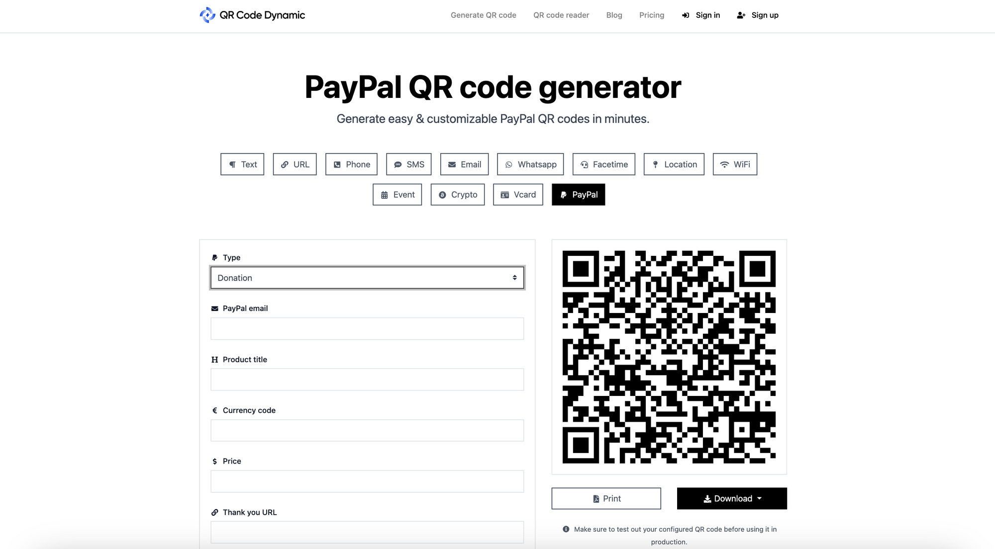 PayPal QR code generator page of QRCodeDynamic